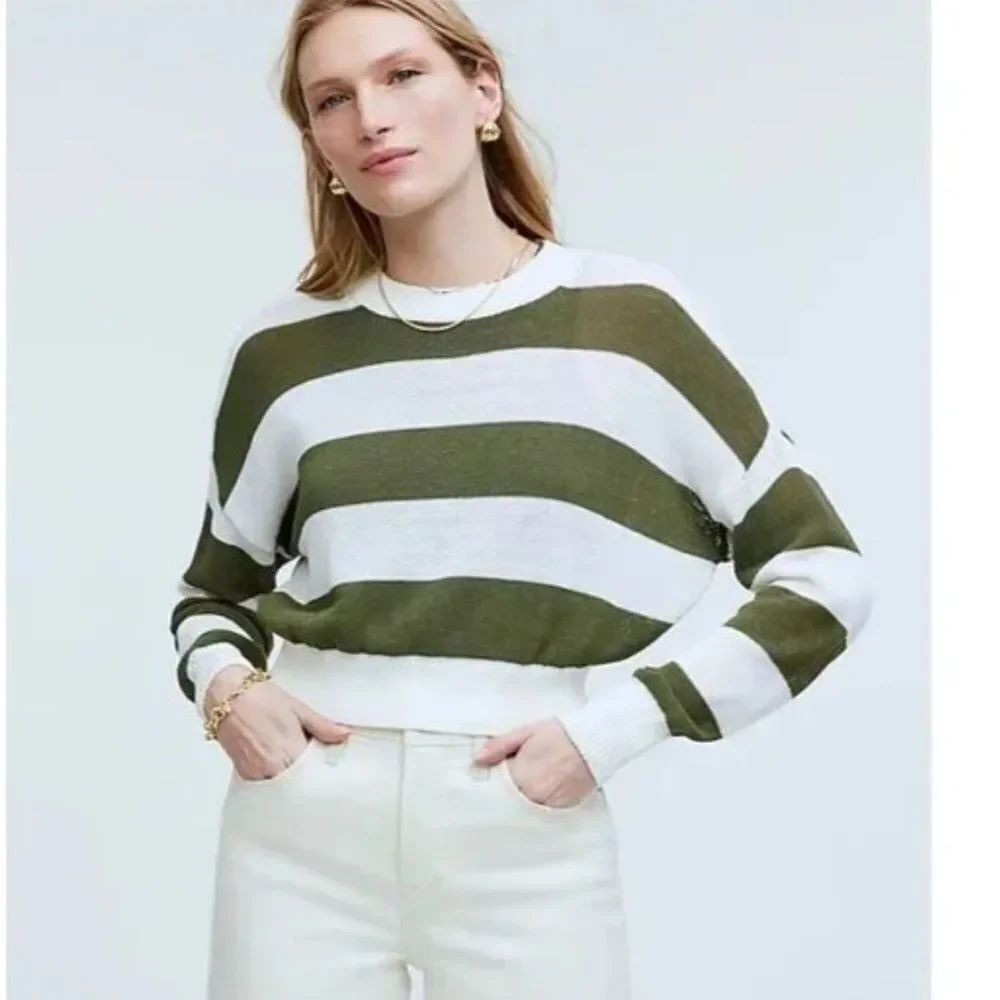NWT Madewell Loose Knit Crewneck Lightweight Sweater White Green Stripe